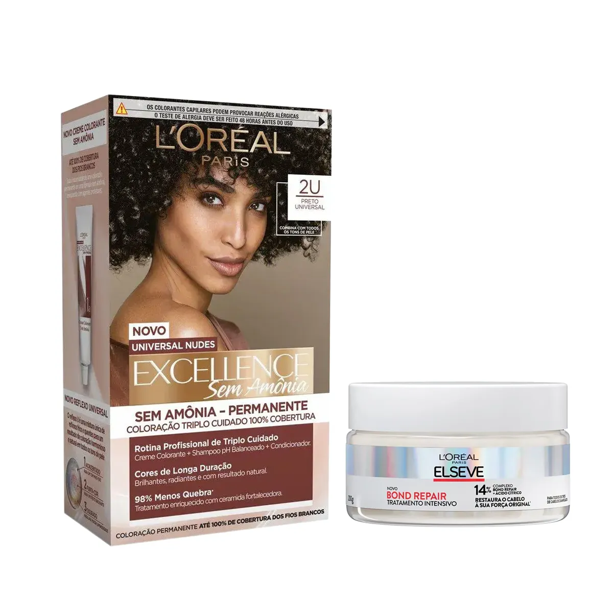 Kit L'Oréal Paris Tinta de Cabelo Permanente Imédia Excellence Sem Amônia - 2U Preto Universal + Creme de Tratamento Intensivo Elseve Bond Repair 200g