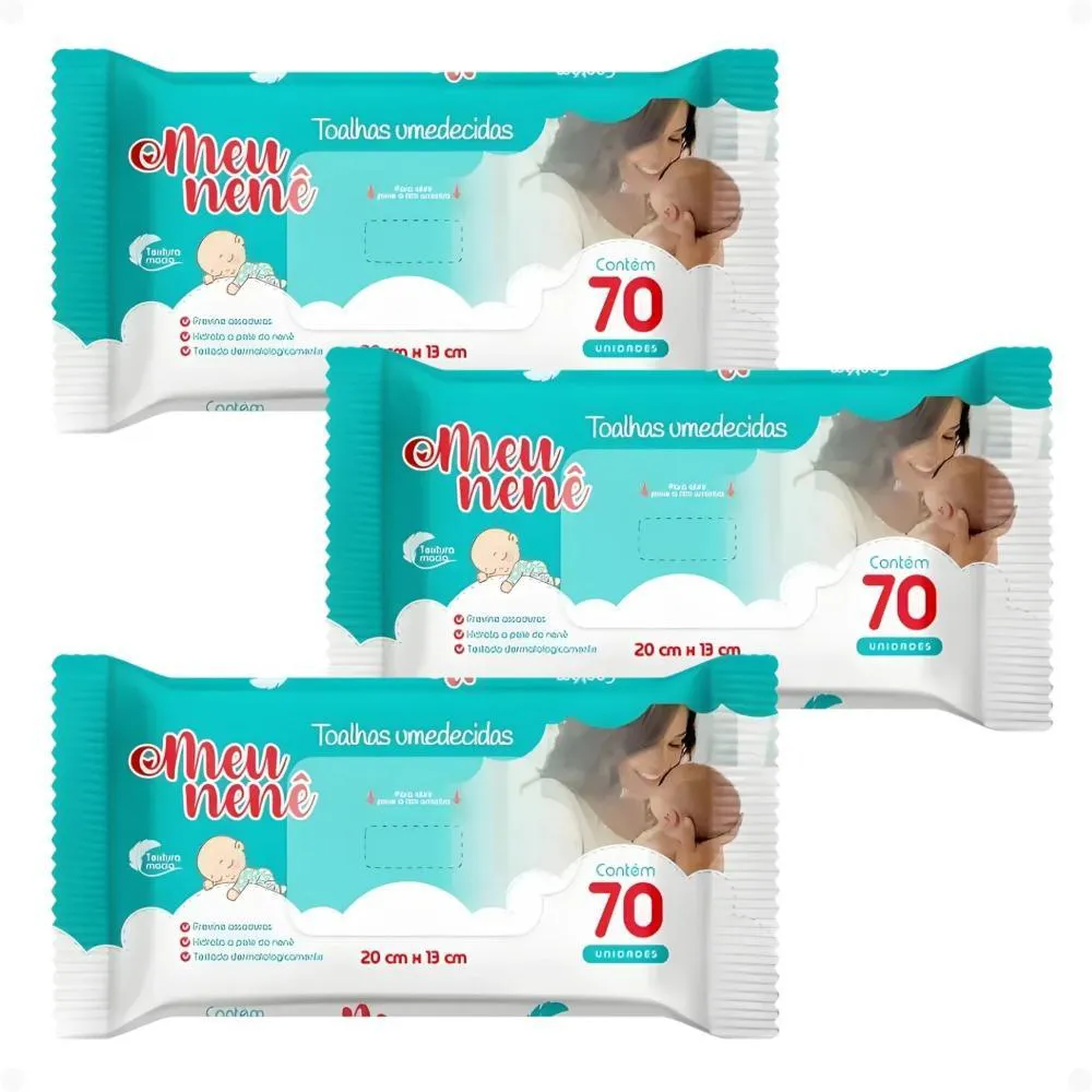 Kit Meu Nenê: 3 Pacotes Toalhas Umedecidas 20x13cm com 70un