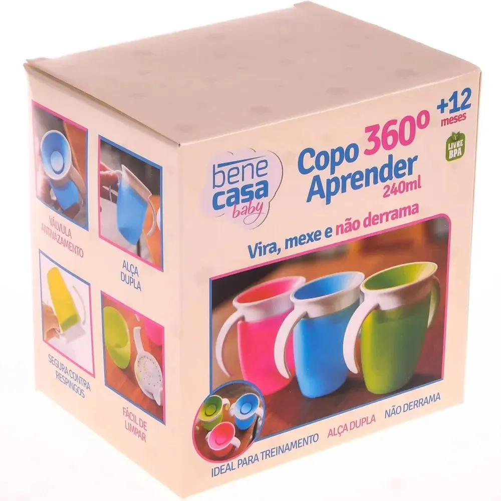 Copo 360º com Alça 240Ml +12M Rosa Bene Casa