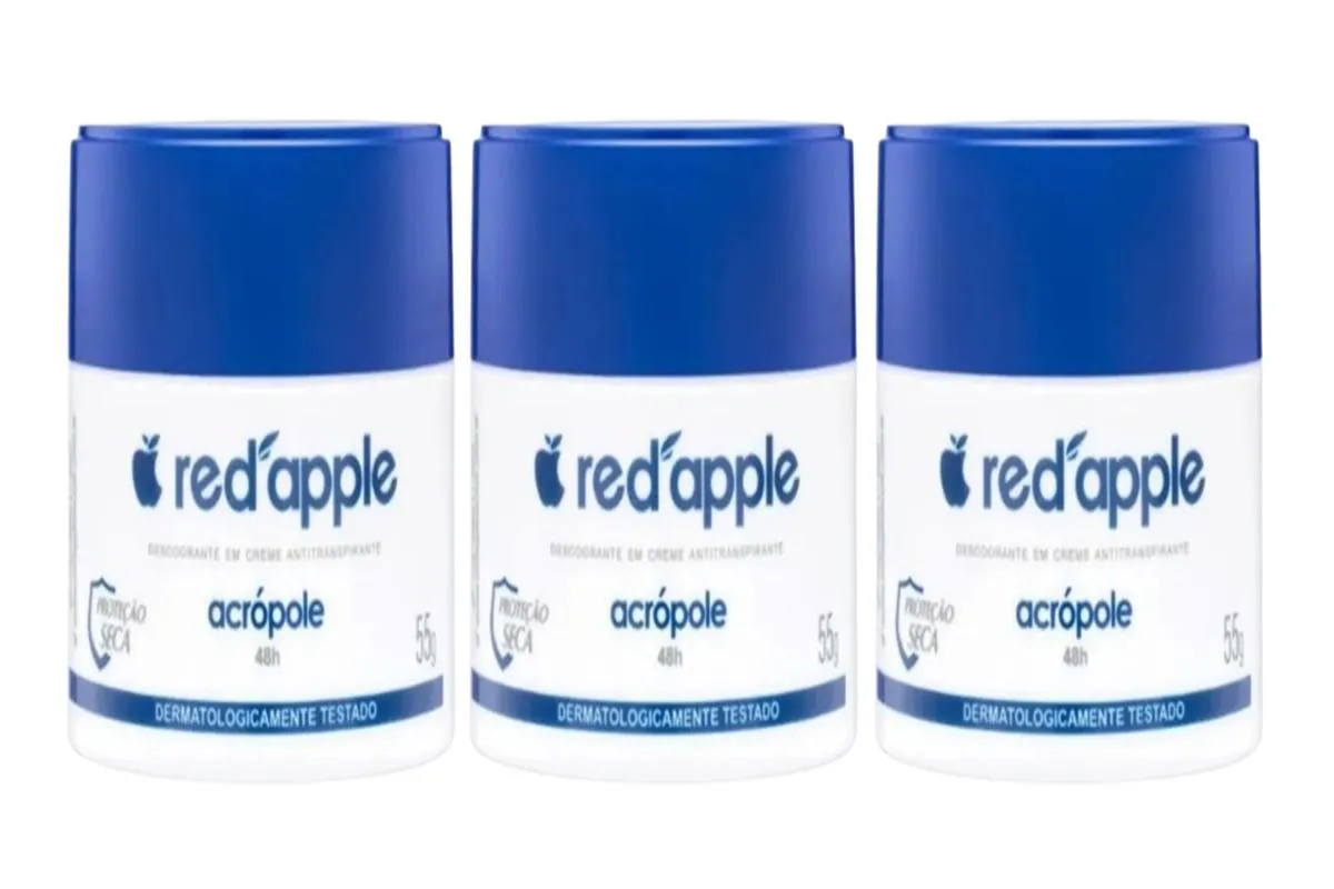 Kit 3 Desodorante Red Apple Acrópole em Creme 55g