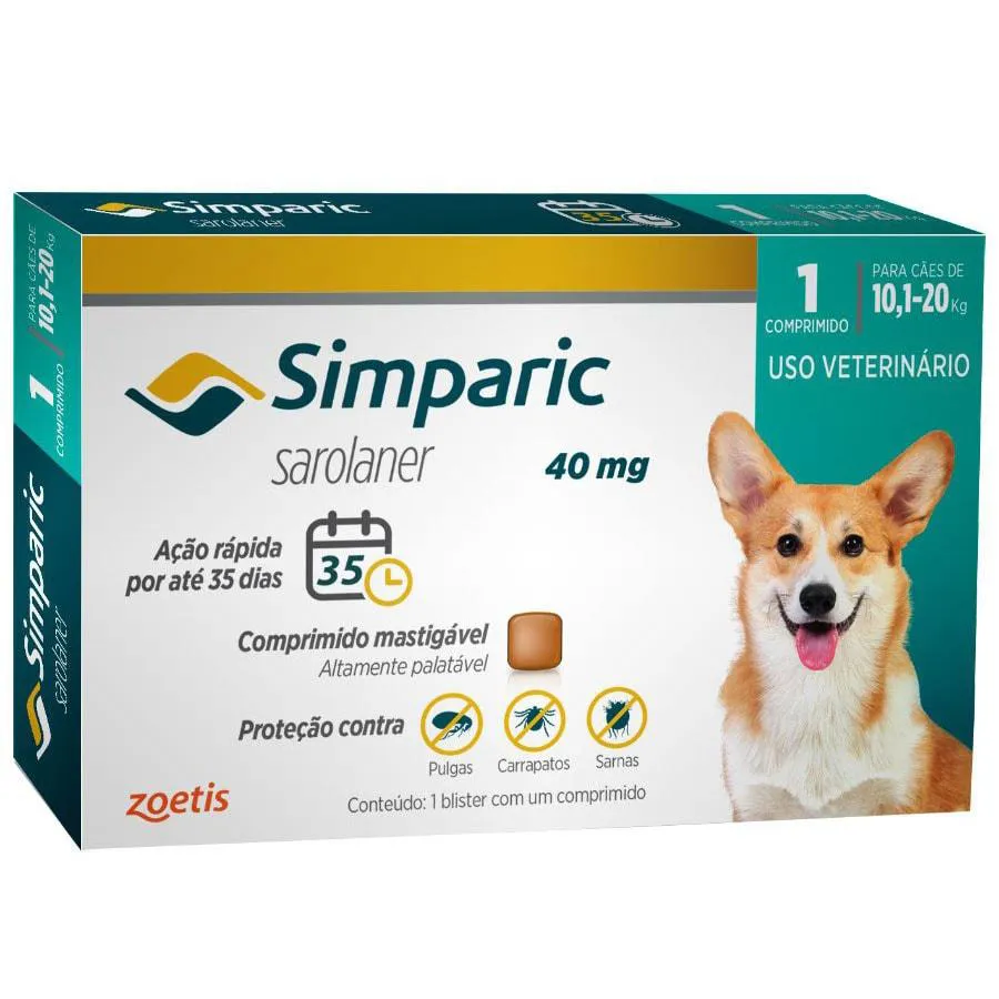 Simparic Antipulgas 40Mg para Cachorros de 10,1 a 20 Kg Zoetis 1 Comprimido