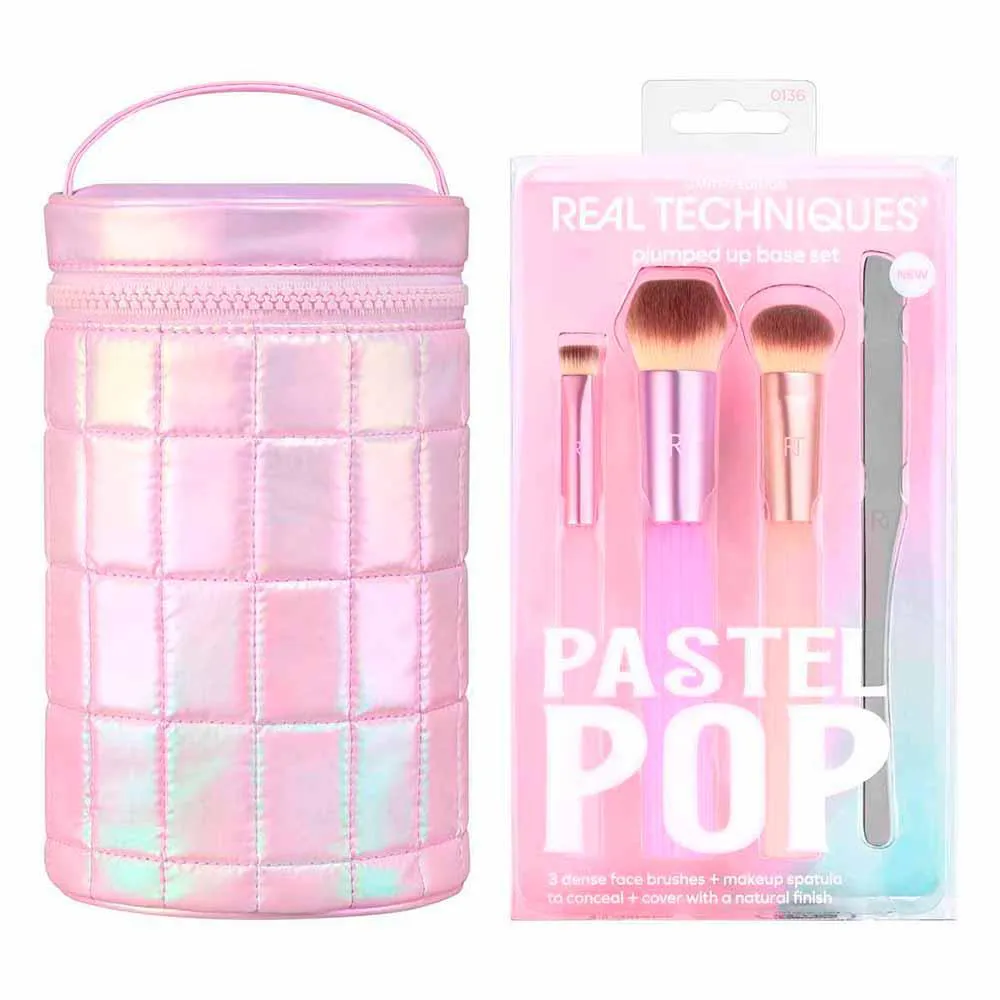 Real Techniques Pastel Pop Kit - 3 Pincéis para o Rosto + 1 Espátula de Maquiagem + Estojo para Pincéis
