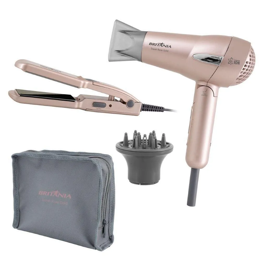 Kit Beleza Travel Rose Gold Britânia Secador Prancha Bivolt