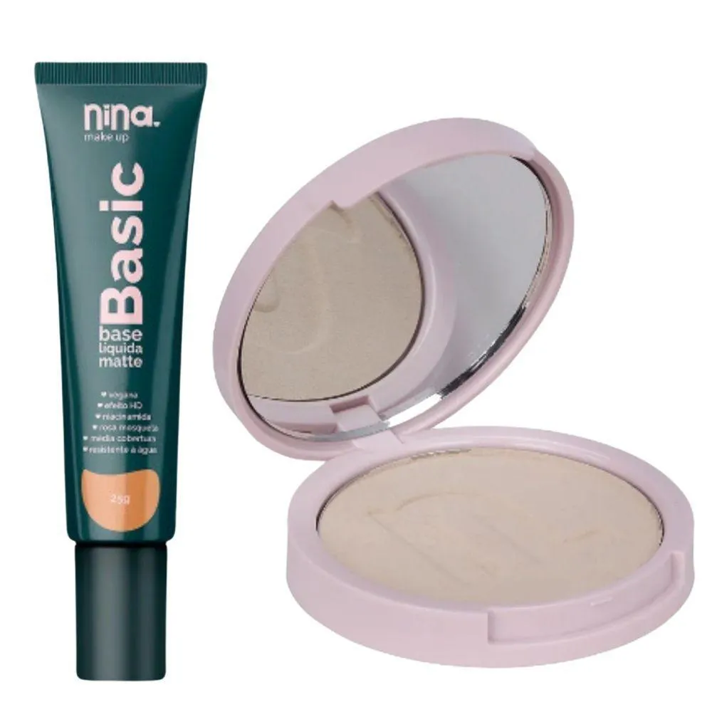 Kit Nina Makeup Base Líquida Basic+Pó Compacto Instant Cor 1