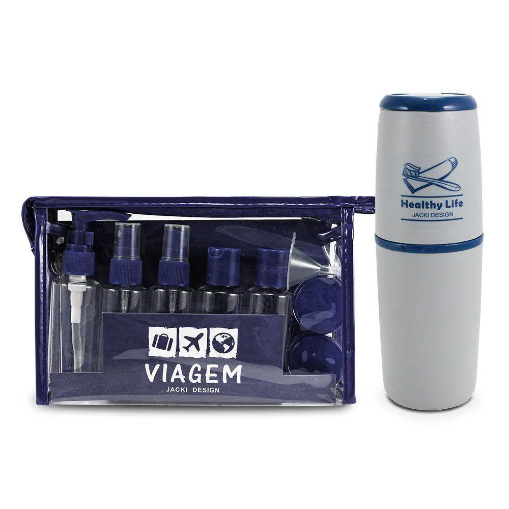 Kit Porta Escova de Dentes + Frascos de Viagem 10 Pcs Azul