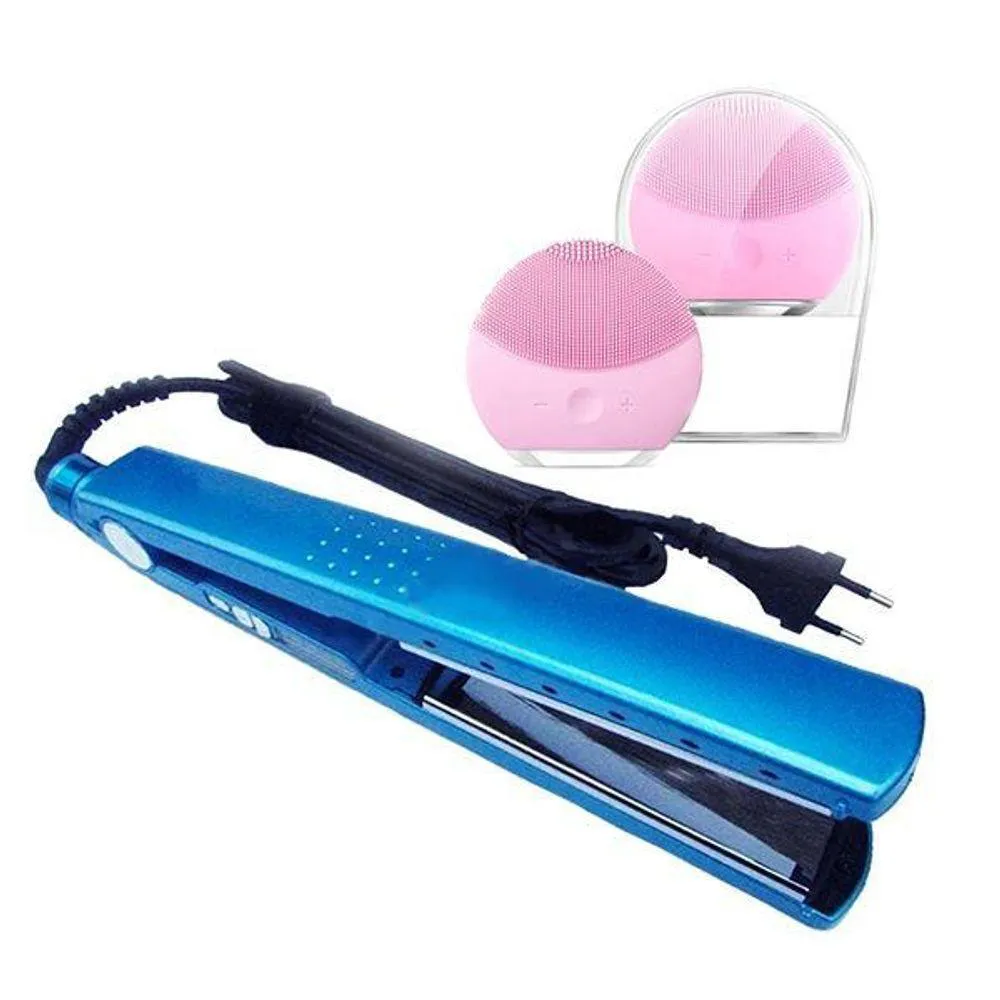 Kit 1 Prancha Nanotitanium + 1 Esponja Facial Rosa Bebê Nº19