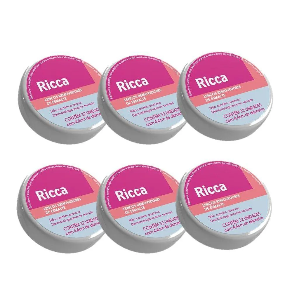 Kit 6 Lenços Removedor de Esmalte Umedecidos 32Un 4,4Cm Ricca