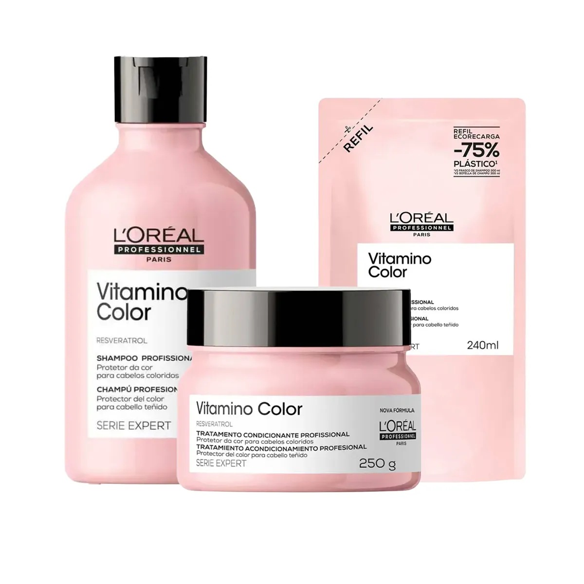 Kit Vitamino Color L'Oréal Professionnel Shampoo 300ml + Shampoo Refil Série Expert 240ml+ Máscara Capilar de Tratamento 250g