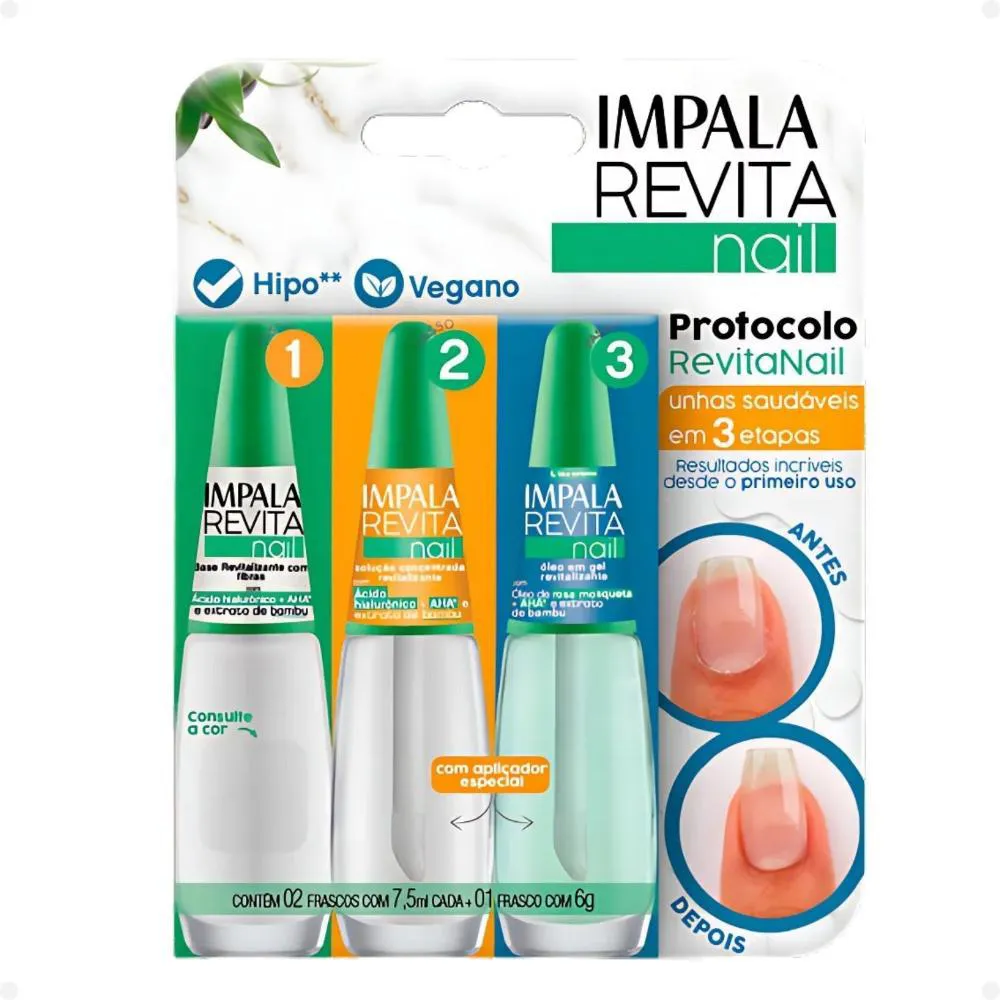 Kit Impala Revita Nail: Base Revitalizante com Fibras, Solução Concentrada e Óleo em Gel