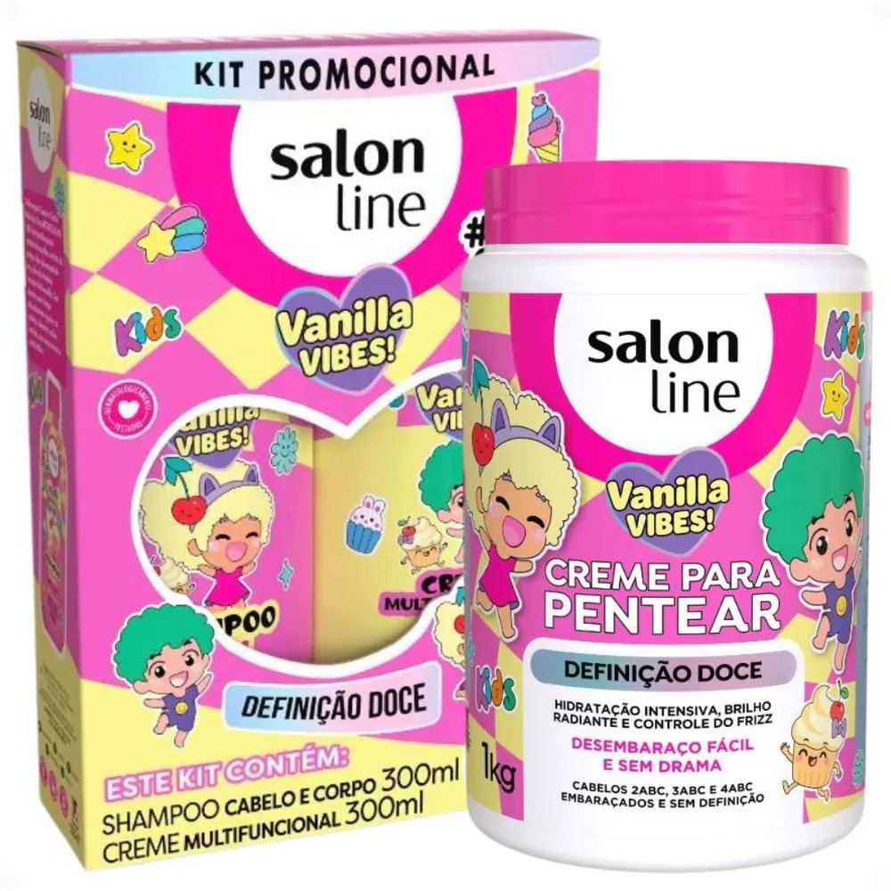 Kit Salon Line Kids Vanilla Vibes!: Shampoo Cabelo e Corpo e Creme Multifuncional 300ml + Creme para Pentear 1kg