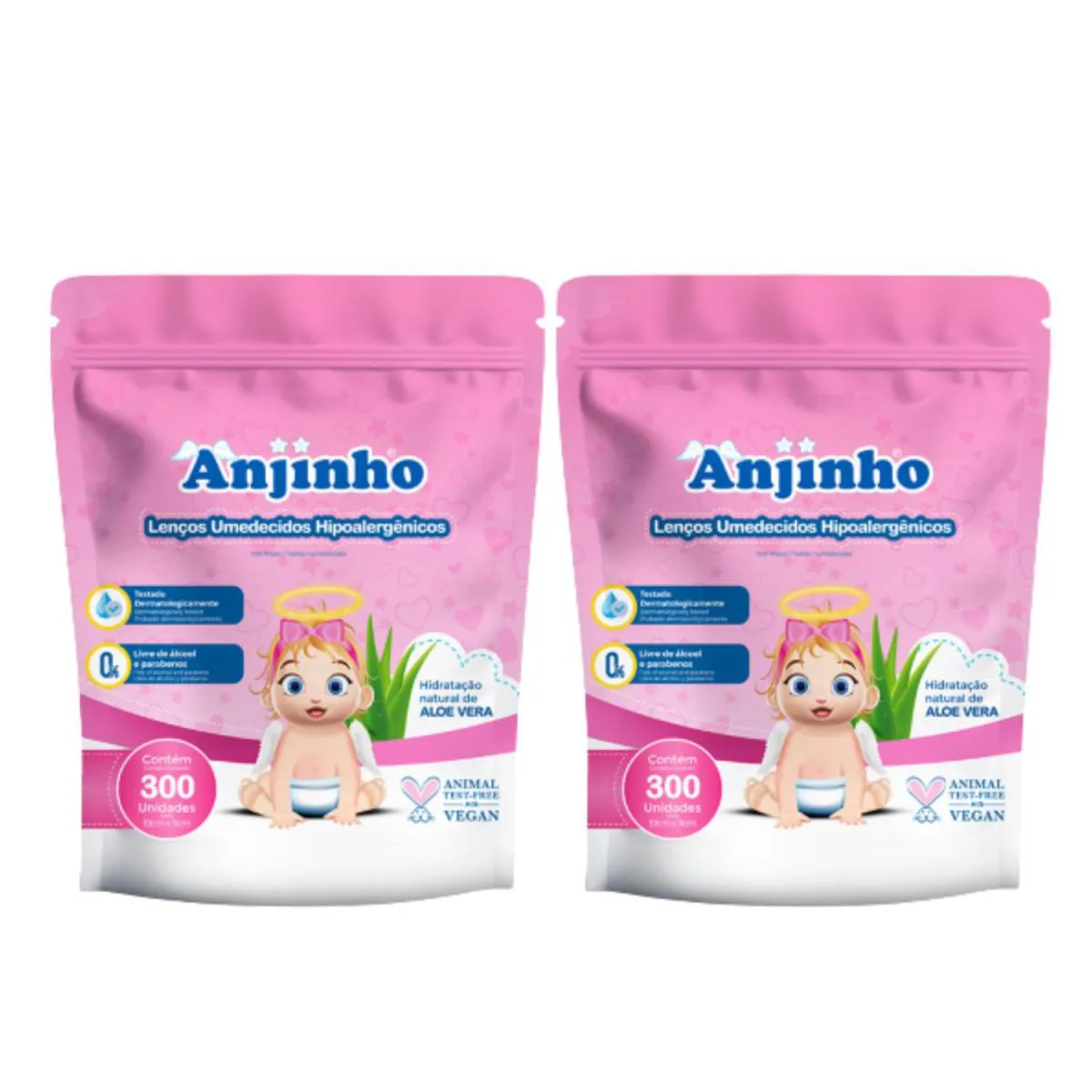 Kit C2 Lenço Umedecido com 300 Refil Rosa - Anjinho
