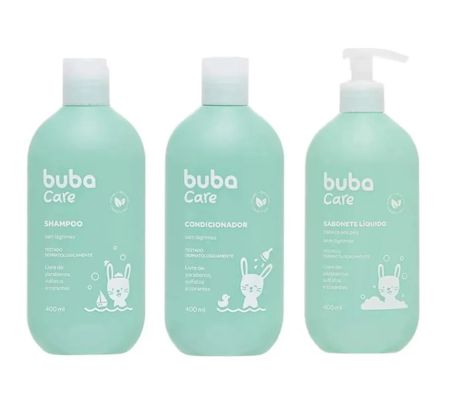 Kit Buba Care Vegano sem Lágrimas Shampoo + Condicionador + Sabonete Líquido 400Ml