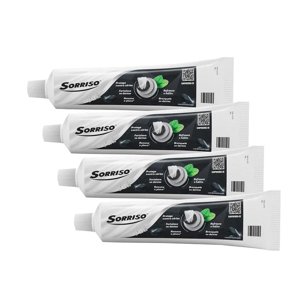 Kit 4 Cremes Dentais Clareador Sorriso Carvão Ativado 140G