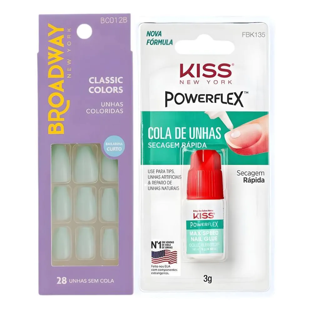 Kit Kiss New York: Unhas Postiças Bailarina Curto Bordeaux e Cola de Unhas 3G