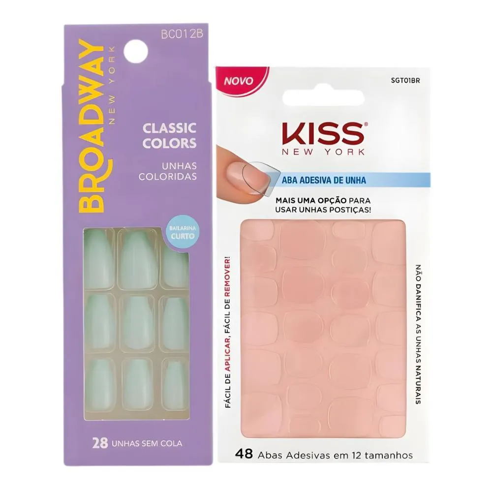Kit Kiss New York: Unhas Postiças Bailarina Curto Bordeaux e Abas Adesivas de Unhas
