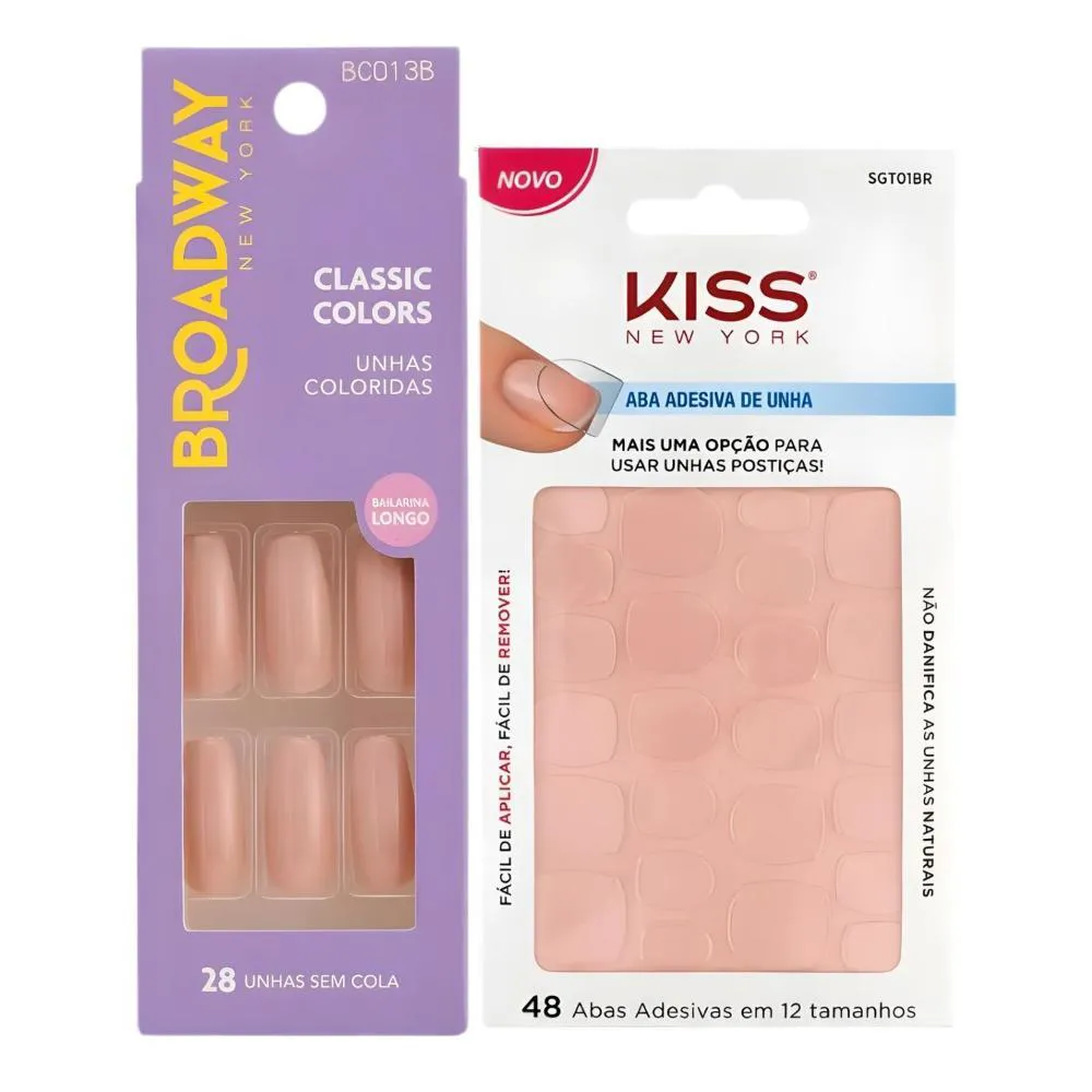 Kit Kiss New York: Unhas Postiças Bailarina Longo Moonlight e Abas Adesivas de Unhas