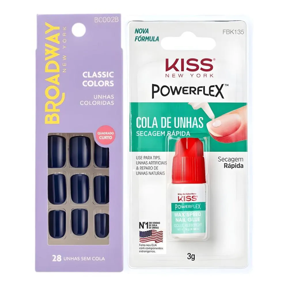 Kit Kiss New York: Unhas Postiças Quadrado Curto Baby Blue e Cola de Unhas 3G
