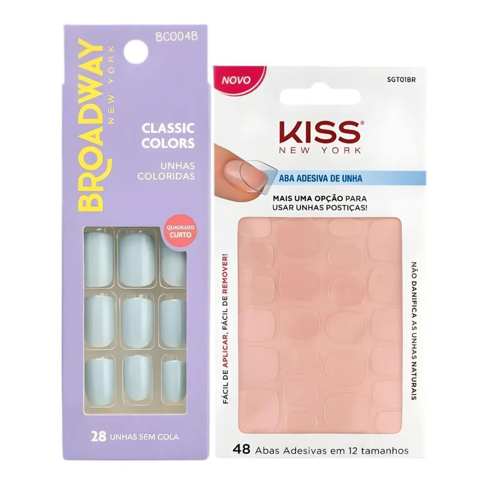 Kit Kiss New York: Unhas Postiças Quadrado Curto Lipstick e Abas Adesivas de Unhas