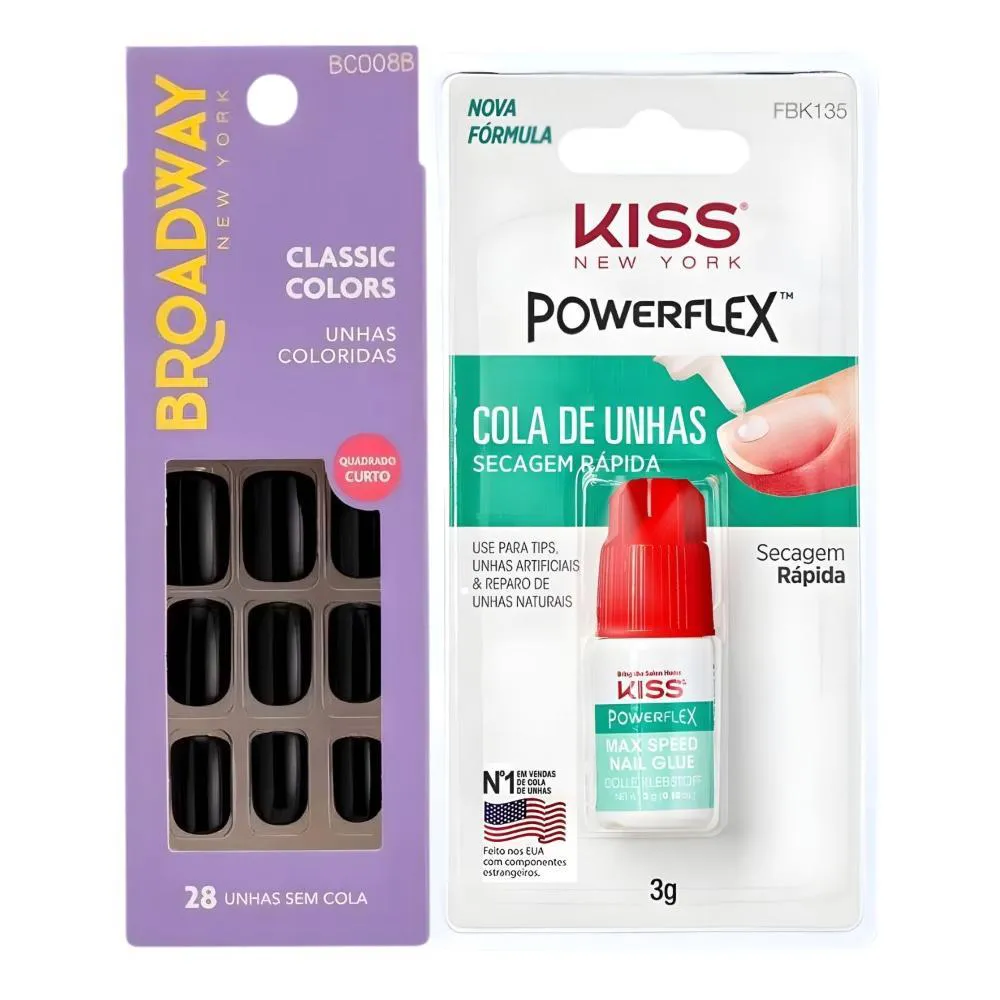 Kit Kiss New York: Unhas Postiças Quadrado Curto Matcha e Cola de Unhas 3G
