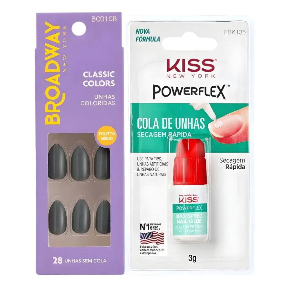 Kit Kiss New York: Unhas Postiças Stiletto Médio Cool Mint e Cola de Unhas 3G