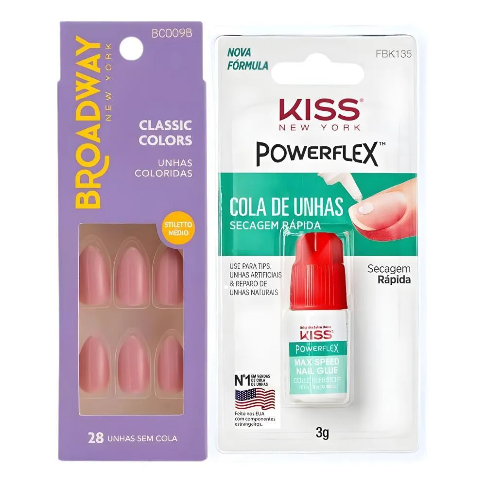 Kit Kiss New York: Unhas Postiças Stiletto Médio Forest e Cola de Unhas 3G