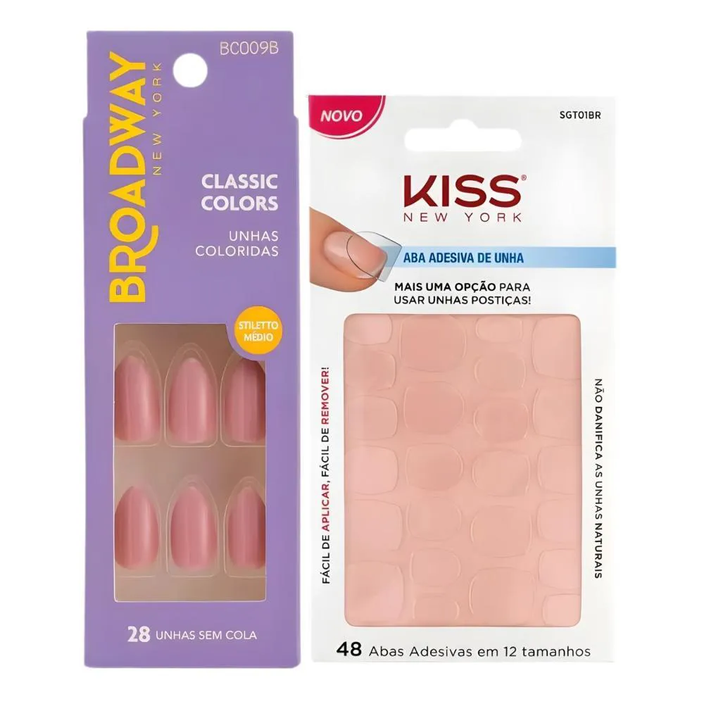 Kit Kiss New York: Unhas Postiças Stiletto Médio Forest e Abas Adesivas de Unhas