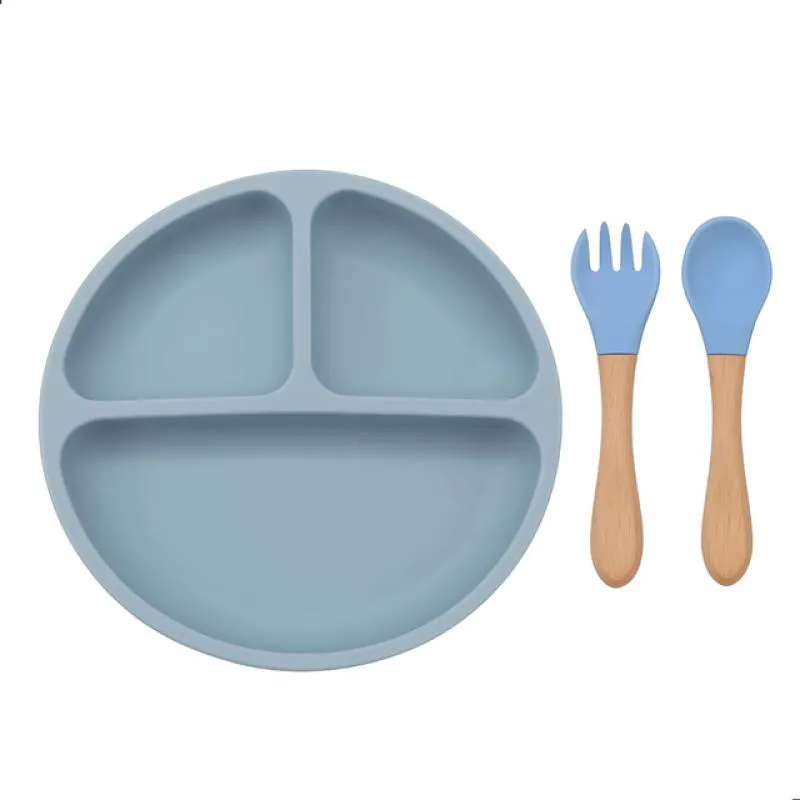 Conjunto Refeição Infantil Silicone 3 Peças Prato com Divisórias + Colher Garfo Treinamento do Bebê Antiderrapante Azul