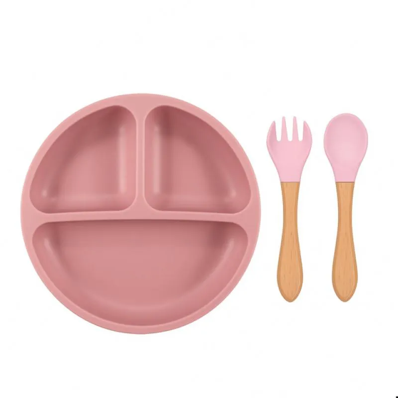 Conjunto Refeição Infantil Silicone 3 Peças Prato com Divisórias + Colher Garfo Treinamento do Bebê Antiderrapante Rosa