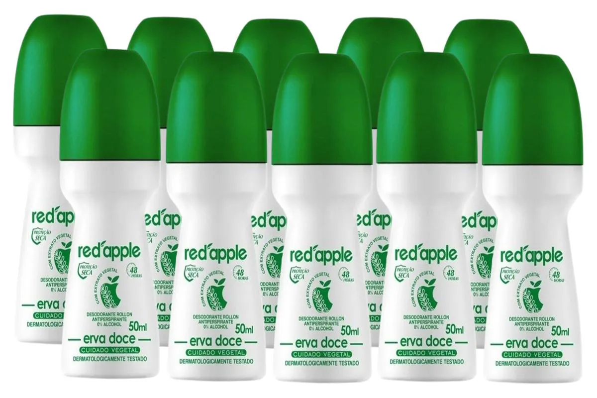 Kit 10 Desodorante Red Apple Roll On Erva Doce 50Ml