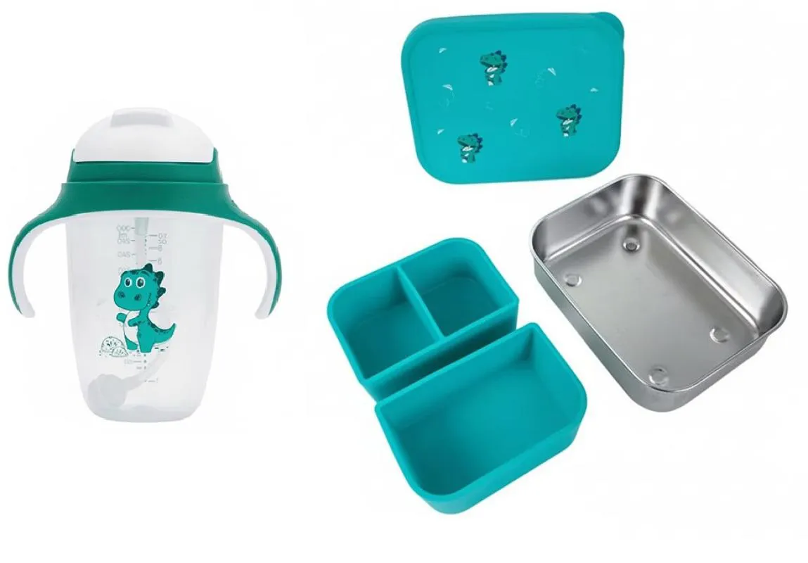 Kit Petit Piá Copo de Treinamento com Canudo 300Ml + Bento Box em Aço Inox com Divisórias Silicone