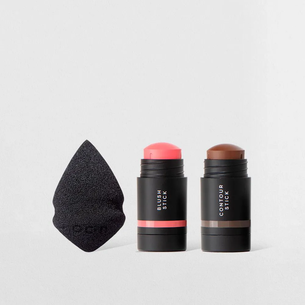 Kit Mini Blush em Bastão Rosa + Mini Contorno em Bastão Marrom Escuro + Mini Esponja de Maquiagem Océane Edition (3 Produtos)