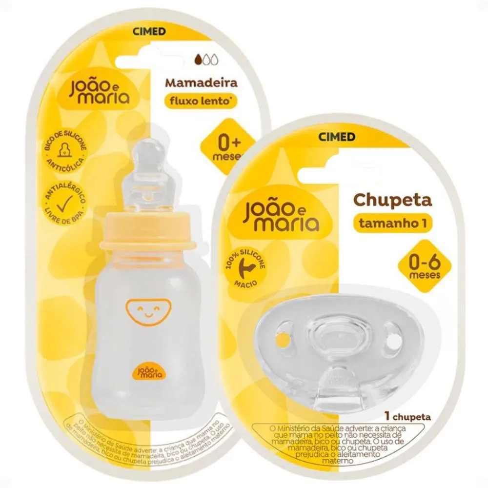 Kit Cimed João e Maria 0-6 Meses: Mamadeira Fluxo Lento 120Ml e Chupeta de Silicone Tamanho 1