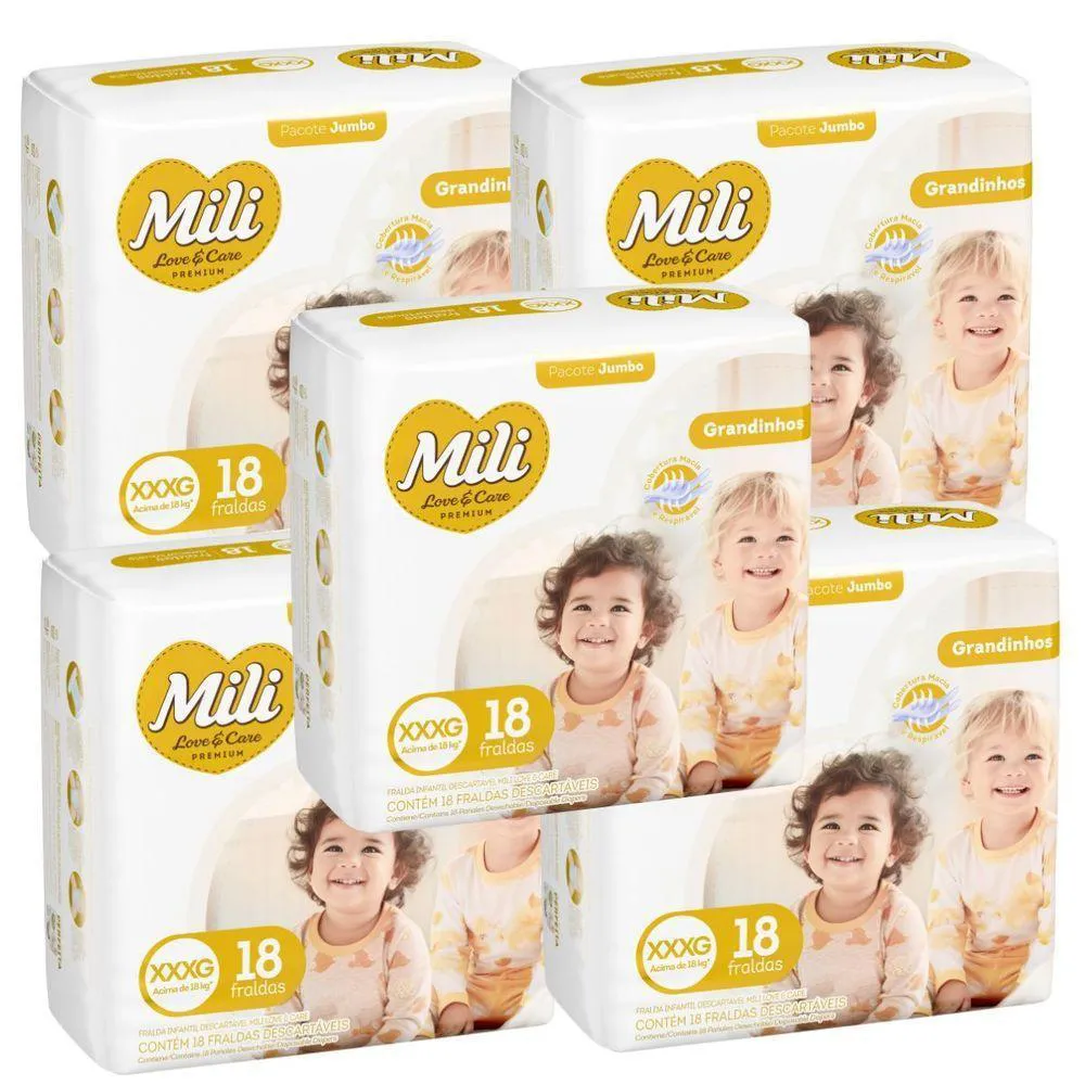 Fralda Descartável Mili Love & Care 5 Pacotes com 18 (Total: 90 Fraldas) Xxxg - Grandinho