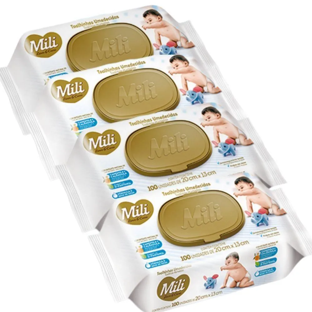 Lenço Umedecido Mili Love & Care 4 Pacotes C/ 100 (Macias)