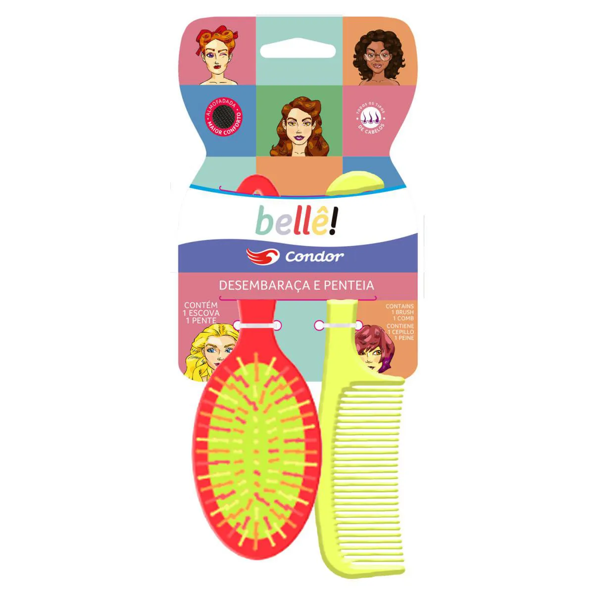 Kit Escova Almofadada Oval + Pente Mundo Condor Bellê Amarelo E Laranja