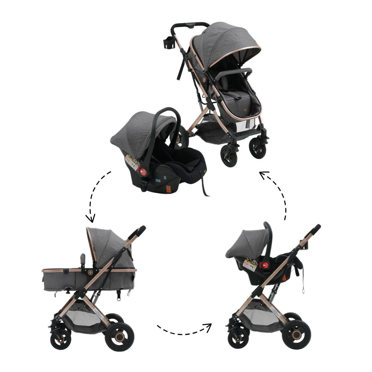 Carrinho com Bebê Conforto Reversível Elysian Maxi Baby Cinza