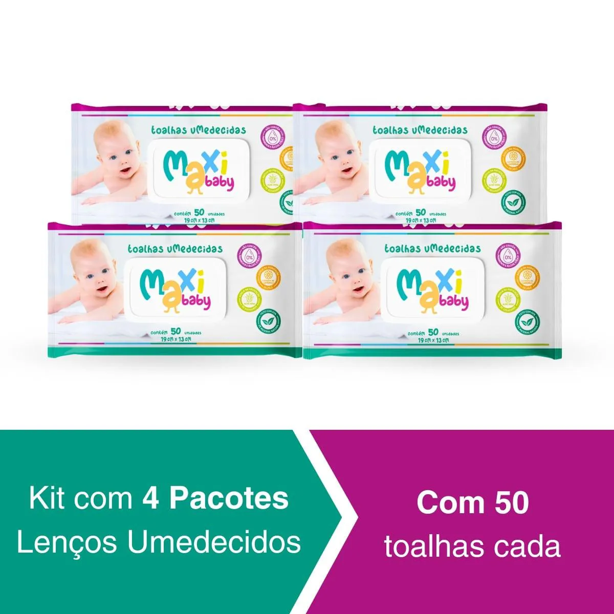 Kit 4 Toalhas Umedecidas Hipoalergênico 50Un Cada Maxi Baby