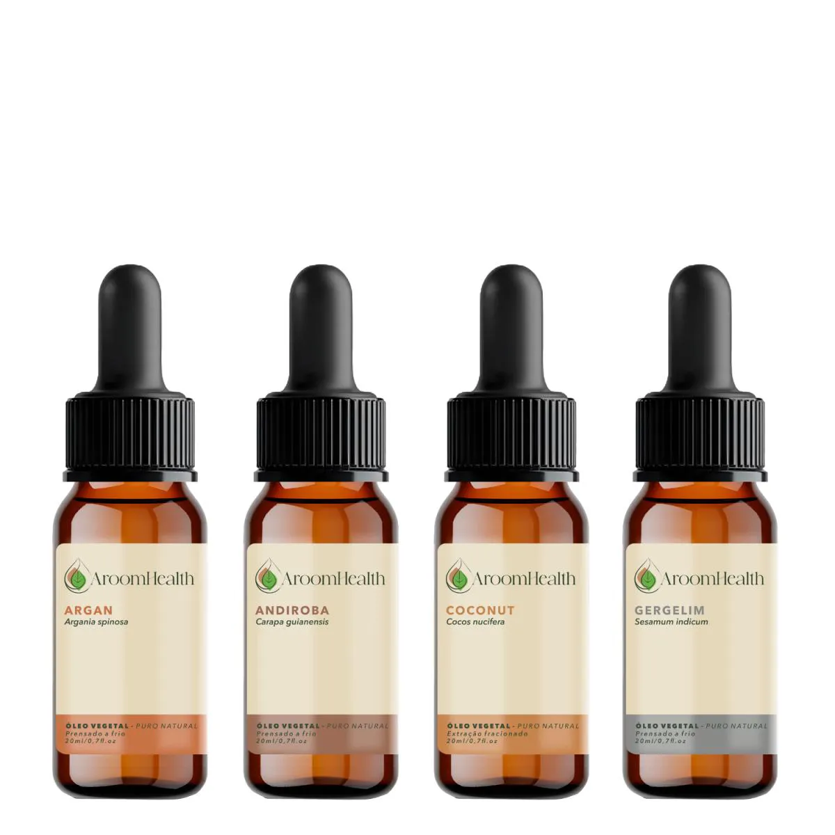 Kit de Óleos Vegetais Puro Natural – Argan, Andiroba, Gergelim e Coconut – 20 Ml Cada