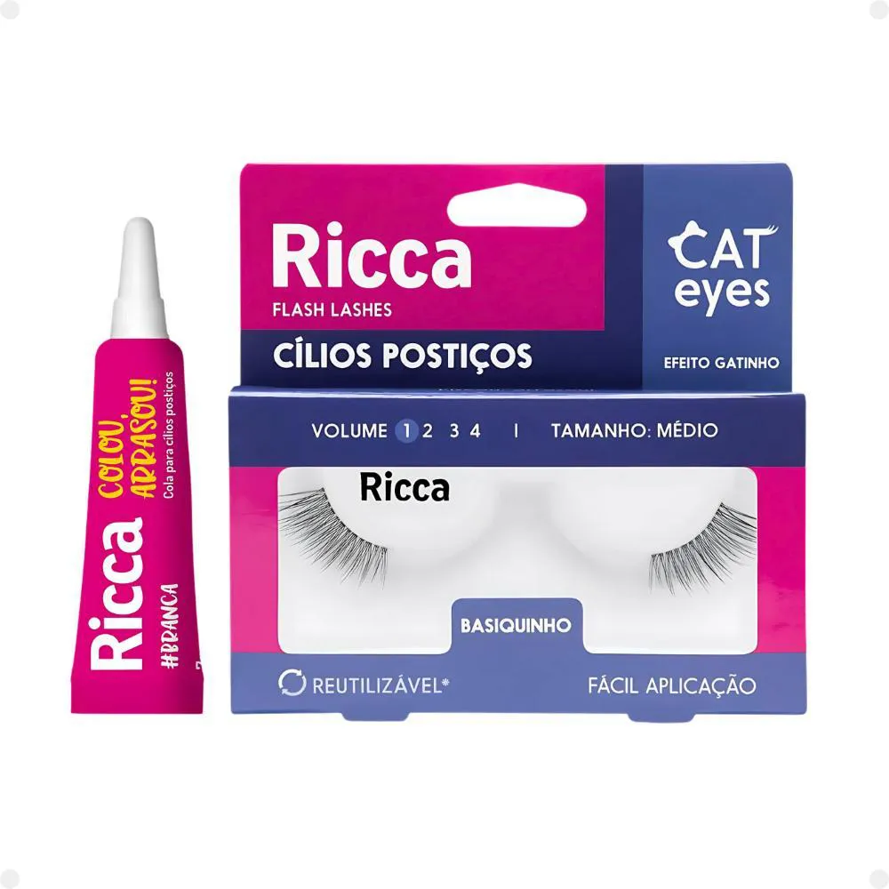 Ricca Cílios + Cola Branca Cat Eyes Basiquinho Vol1 Cód.2704