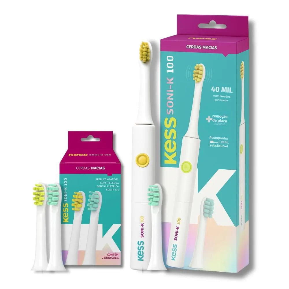 Kit Kess Belliz Soni-K 100: 1 Escova Dental Elétrica com 1 Refil + 2 Refis Extras (Total 3 Refis)