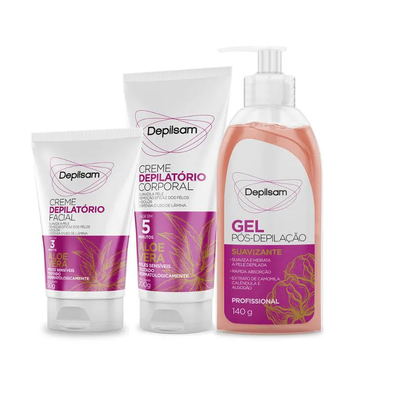 Kit Completo Creme Depilatório Corporal + Facial + Gel Pós Depilação Aloe Vera