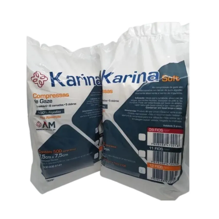 Gaze Não Esteril Pacote com 500 Unidades 7,5X7,5 09 Fios Karina Kit com 5 Pacotes