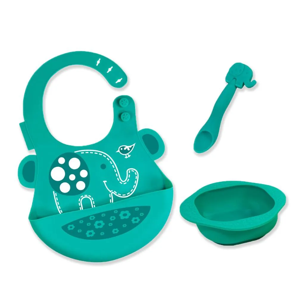 Kit de Alimentação com Tigela 200Ml sem Sucção + Colher e Babador Elefante Ollie – Marcus & Marcus