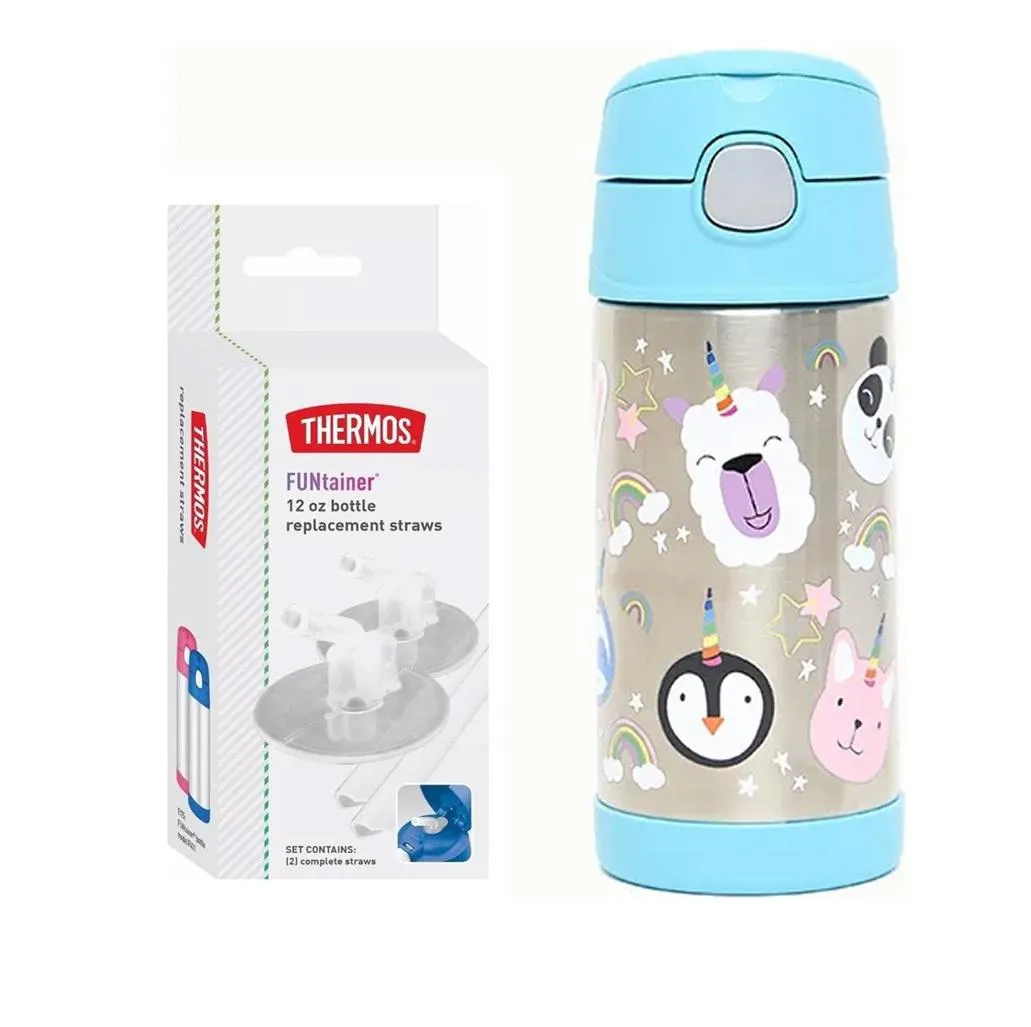 Garrafinha Térmica Funtainer 355Ml + Canudos Refil Thermos Animais