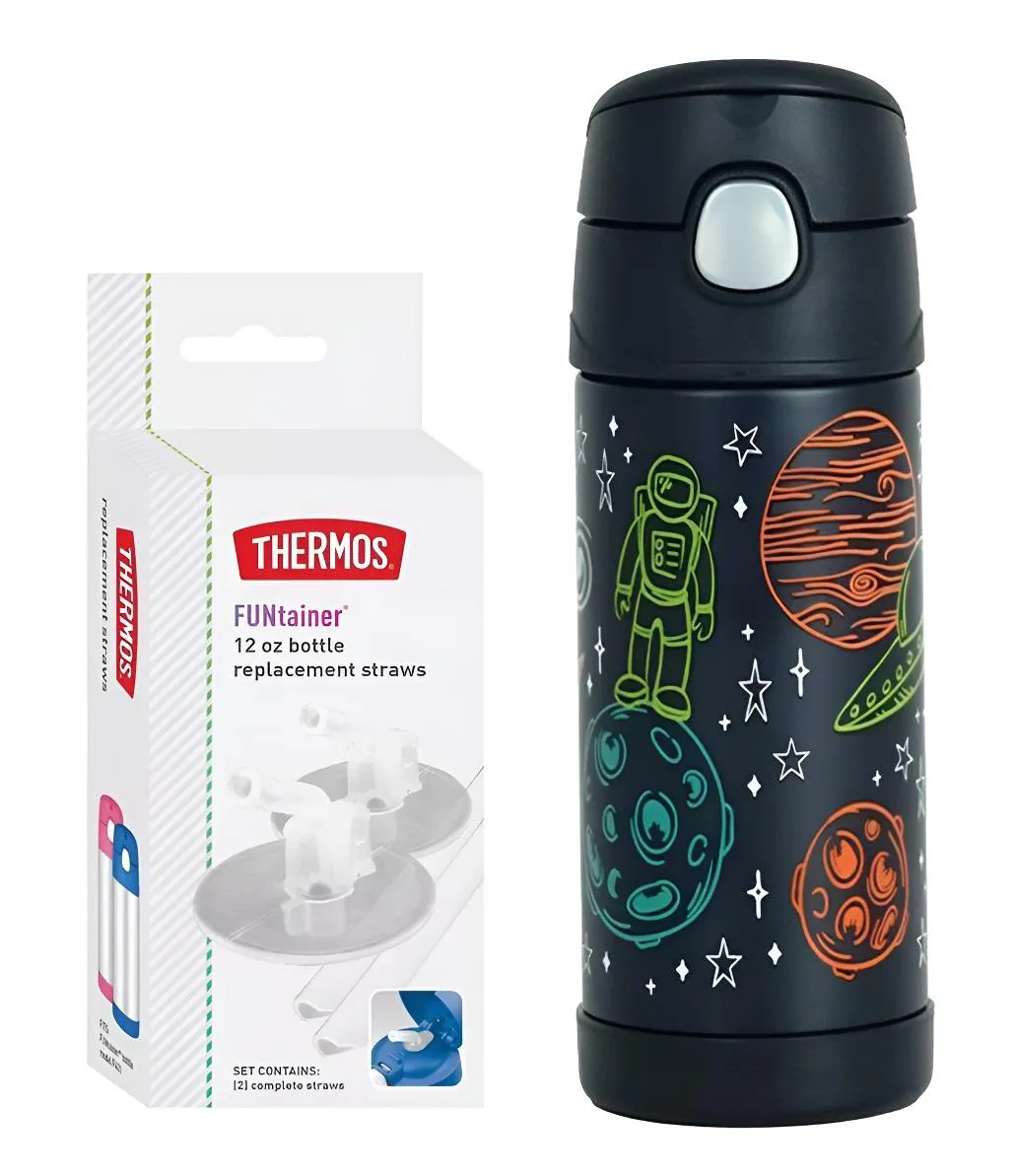 Garrafinha Térmica Funtainer 355Ml + Canudos Refil Thermos Espaço