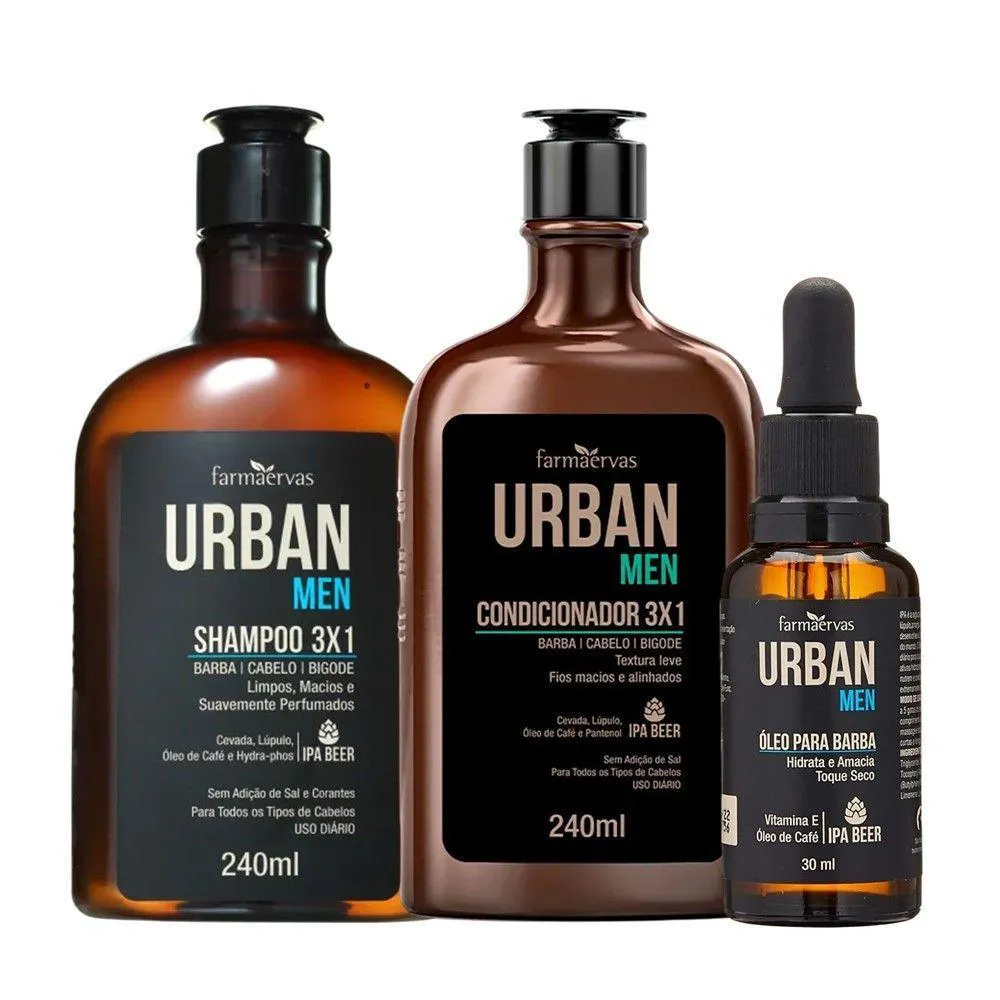 Kit Shampoo Condicionador 3 em 1 e Óleo para Barba Bigode Cabelo Ipa Beer Urban Men