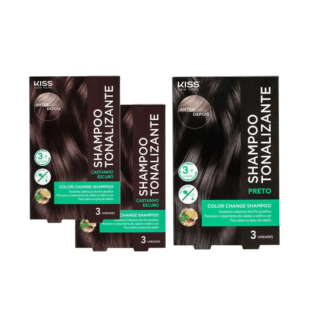 Kit com 3 Shampoos Tonalizantes Color Change 02 Castanho Escuro + 01 Preto - Kiss New York