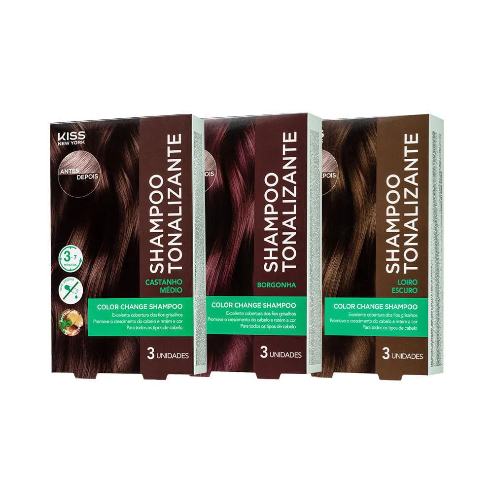 Kit com 3 Shampoos Tonalizantes Color Change Castanho Médio, Borgonha e Loiro Escuro - Kiss New York