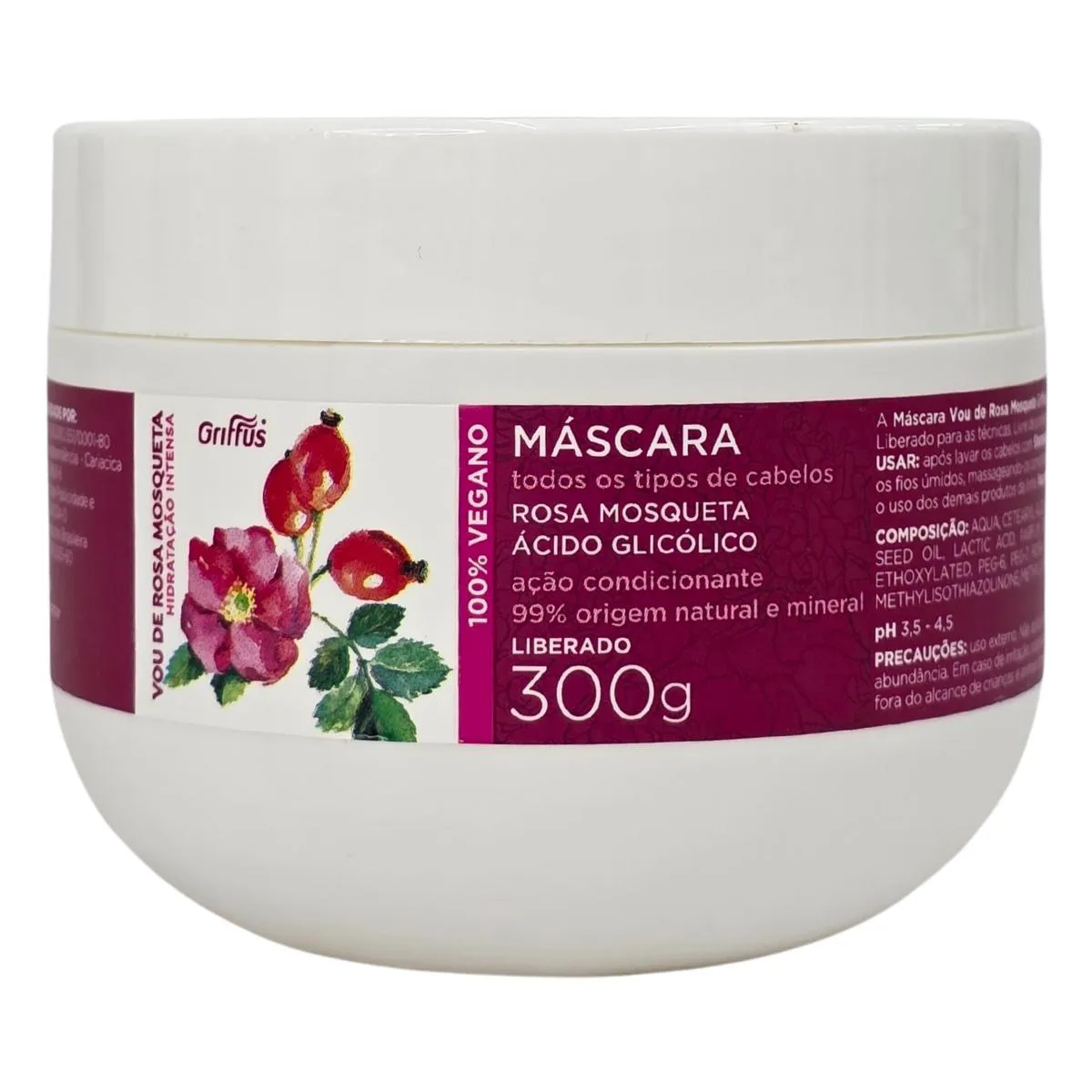 Máscara Hidratação Intensa Vegano Vou de Rosa Mosqueta Griffus 300G