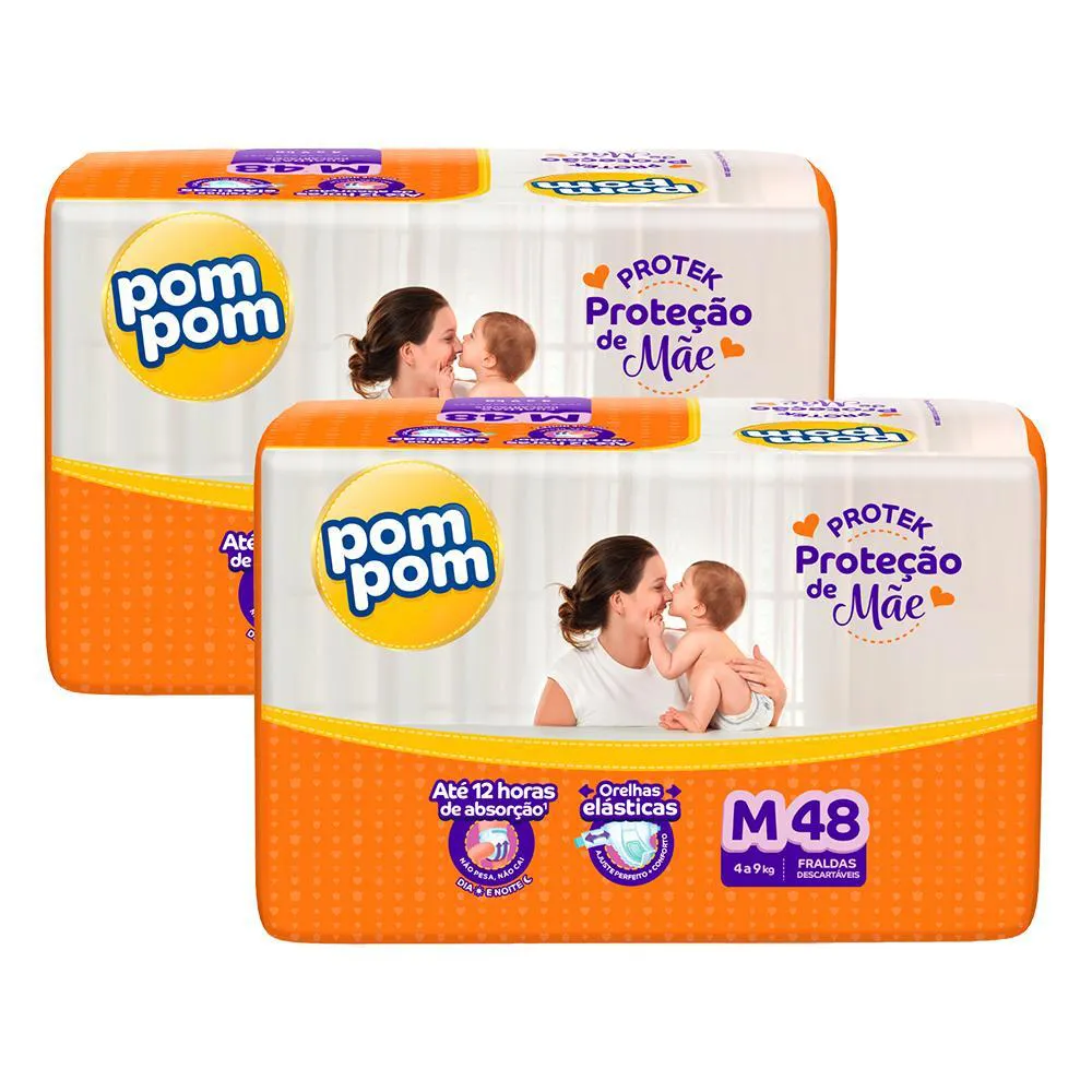 Kit 2 Fraldas Pom Pom Derma Protek Mega M com 48Un Cada